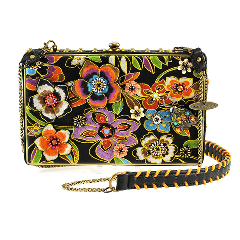 Mary Frances Blossoms Black Purple Handbag Flower Bead Chain Strap Gold Bag New