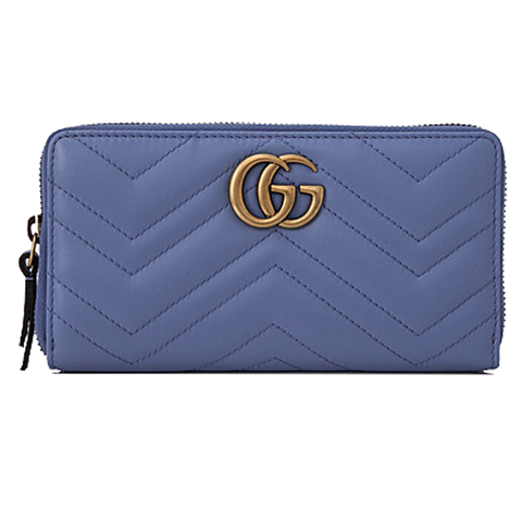 Gucci GG Marmont Chevron Blue Gold Continental Wallet Leather Box Zip Around New