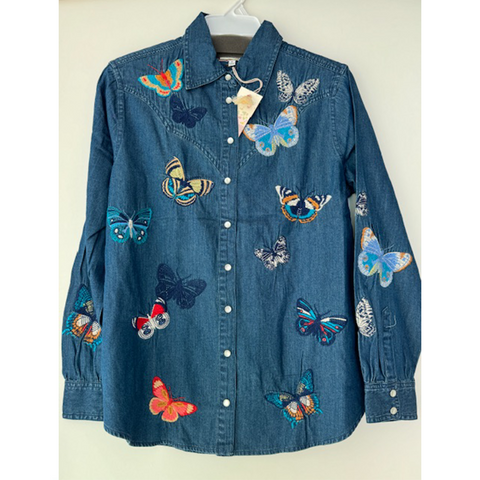 Johnny Was Paradisio Western Shirt Long Sleeve Embroidery Denim Blue Jean New