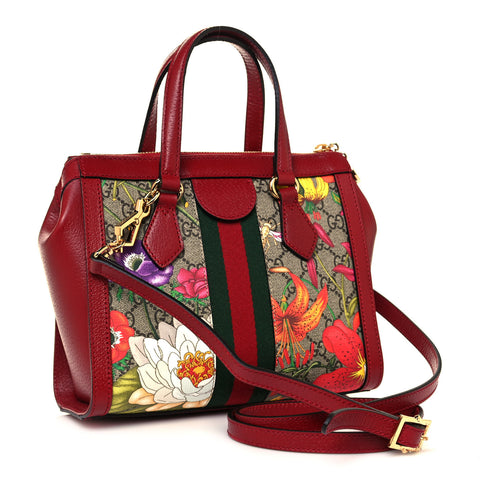 Gucci Ophidia Red Floral Small Tote Leather Canvas Flower Handbag Bag Italy NEW