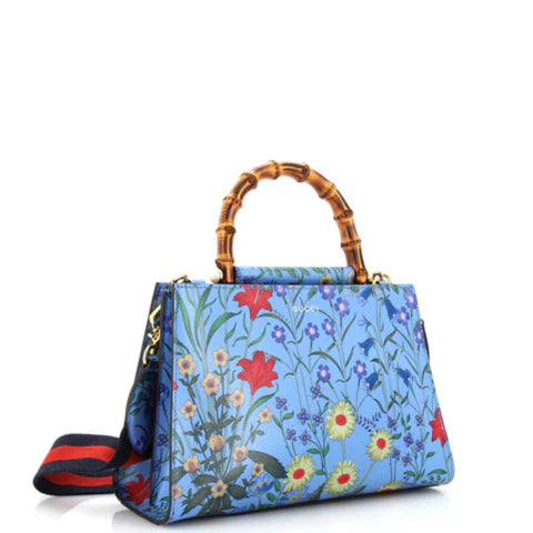 Gucci Nymphae Azure Shanghai Leather Handbag Snap Floral Blue Gold Bag Purse NEW