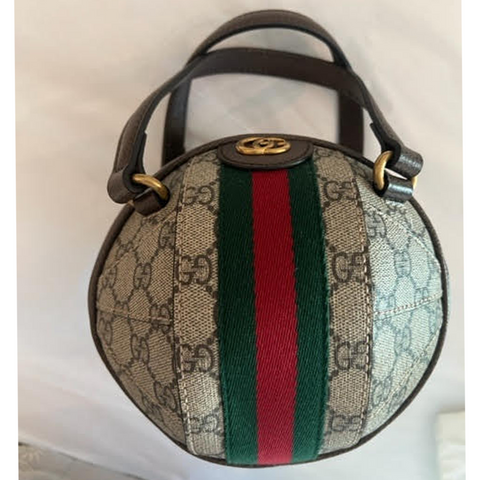 Gucci Small Basketball Red Brown Stripe Round Canvas Leather Handbag Bag NEW