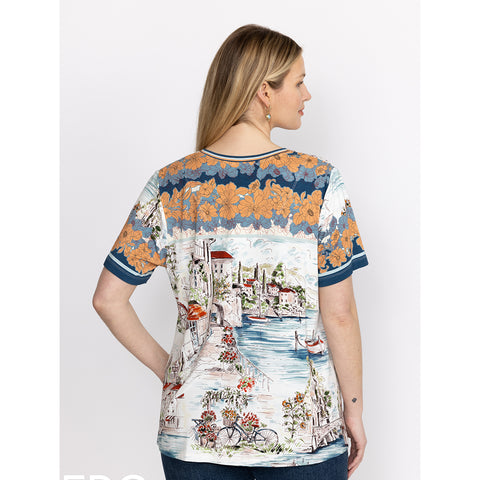Johnny Was Vakash Janie Favorite Short Sleeve Swing Tee Shirt Top White Blue New