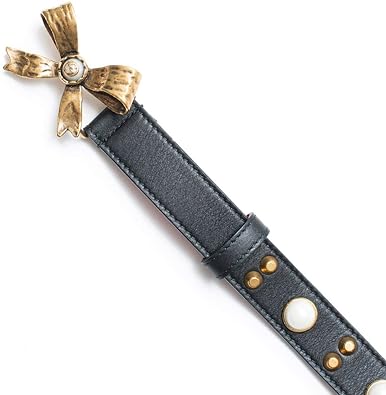 Gucci Studded Leather Belt Metal Bow Hibiscus Red Black Belt Moon Pearl Italy NEW
