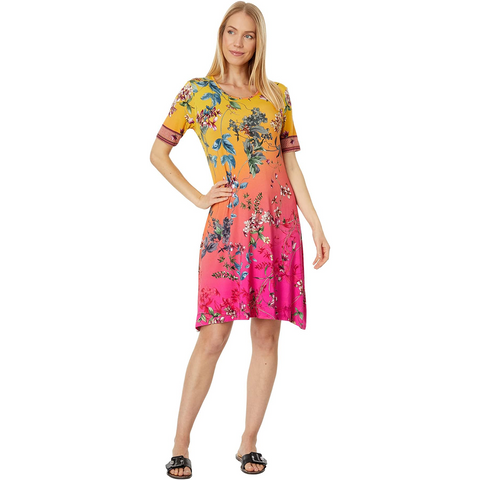 Johnny Was Emboy Swing Dress Blouse Floral Short Pink Yellow Flowers Small NEW
