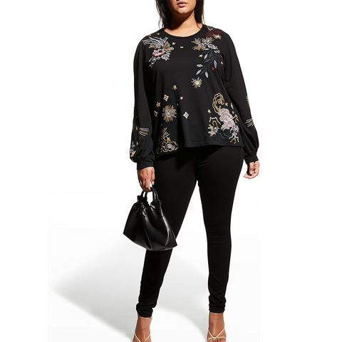 Johnny Was Selah Cuffed Puff Long Sleeve Tee Black Crew Neck Floral Shirt Top NEW