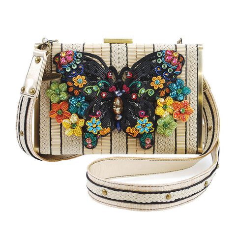 Mary Frances Butterfly Fantasy White Bag Black Flowers Handbag Floral Purse New