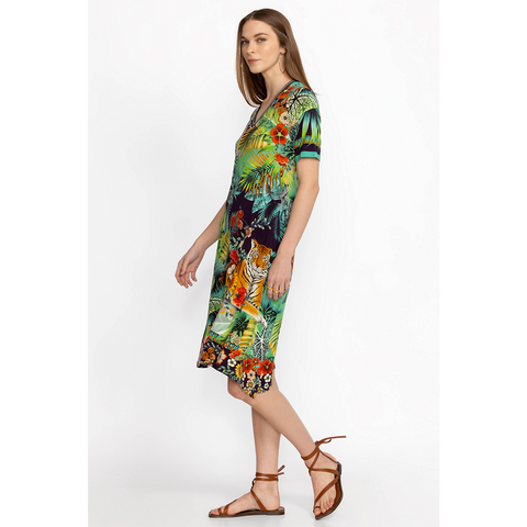 Johnny Was Janie Favorite Tigres Short Sleeve Swing Dress Floral Green Blue NEW