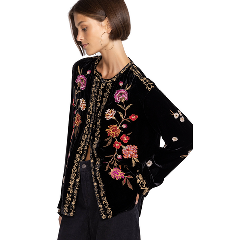 Johnny Was Quinn Velvet Mandarin Shirt Long Sleeves Embroidered Top Black NEW