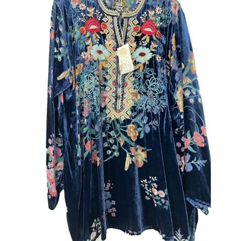 Johnny Was Bouquet Burnout Nephele Tunic Embroidered Floral Top Shirt Blue NEW