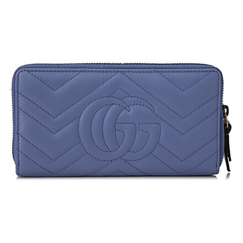 Gucci GG Marmont Chevron Blue Gold Continental Wallet Leather Box Zip Around New