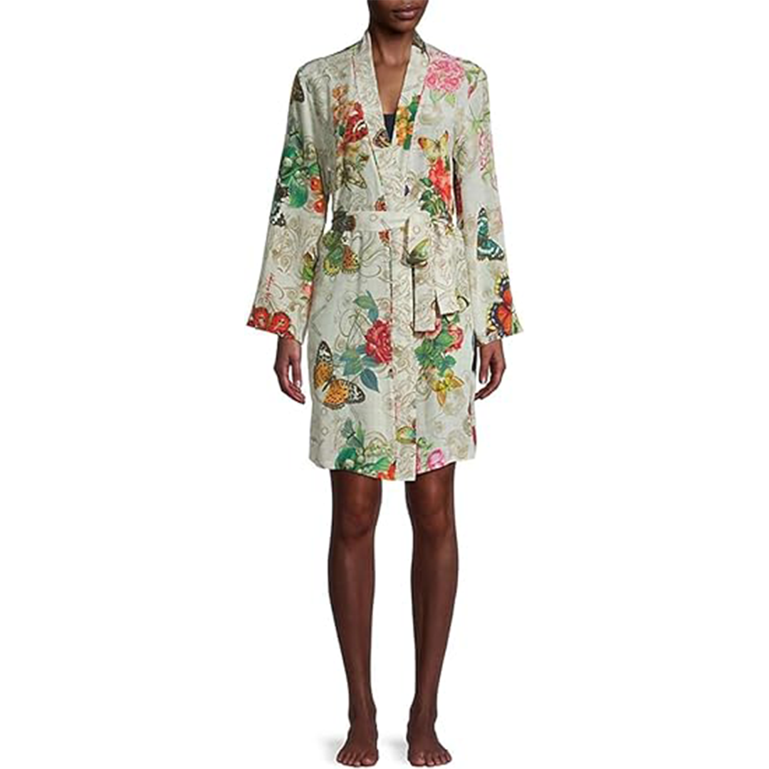 Johnny Was Evelyn Sleepwear Silk Robe Home Lounge Cream Butterfly Flor ...