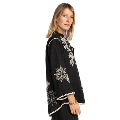 Johnny Was Addison Kimono Shirt Linen White Floral Embroidery Black Top Large NW