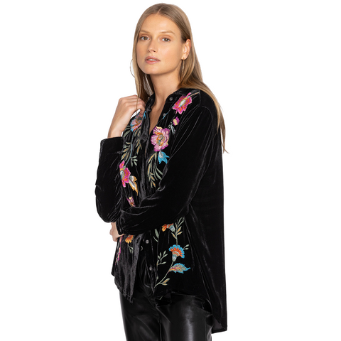 Johnny Was Sidonia Velvet Oversized Shirt Button Long Embroidery Top Black NEW