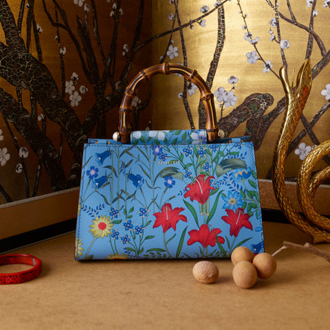 Gucci Nymphae Azure Shanghai Leather Handbag Snap Floral Blue Gold Bag Purse NEW