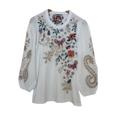 Johnny Was Arva 3/4 Mixed Media Tee Cotton Floral Embroiderd Shirt White Top NEW