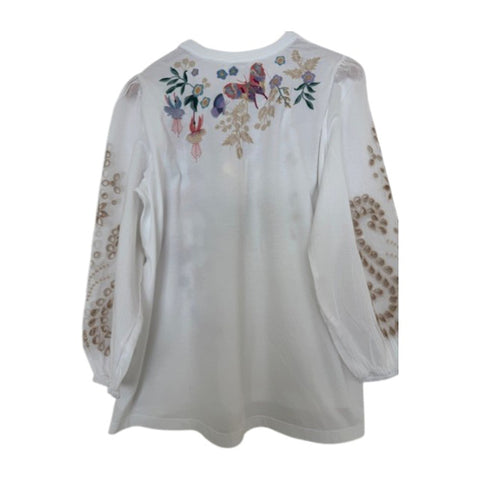 Johnny Was Arva 3/4 Mixed Media Tee Cotton Floral Embroiderd Shirt White Top NEW