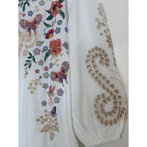 Johnny Was Arva 3/4 Mixed Media Tee Cotton Floral Embroiderd Shirt White Top NEW