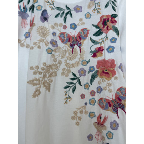 Johnny Was Arva 3/4 Mixed Media Tee Cotton Floral Embroiderd Shirt White Top NEW