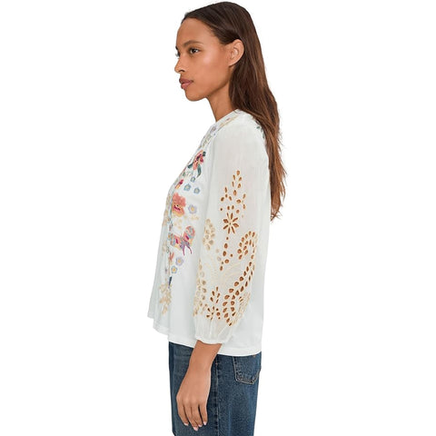 Johnny Was Arva 3/4 Mixed Media Tee Cotton Floral Embroiderd Shirt White Top NEW