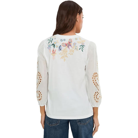 Johnny Was Arva 3/4 Mixed Media Tee Cotton Floral Embroiderd Shirt White Top NEW