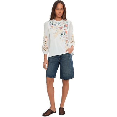 Johnny Was Arva 3/4 Mixed Media Tee Cotton Floral Embroiderd Shirt White Top NEW