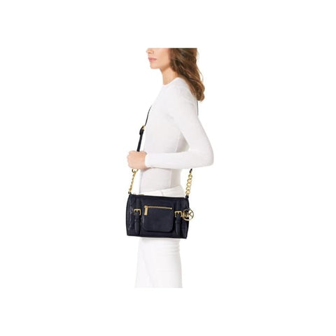 Michael Kors Medium McGraw Messenger Bag Zip Black Handbag Leather Gold New
