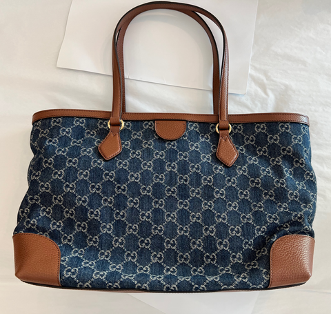 GUCCI Ophidia GG Jacquard Denim Tote Bag Italy Brown Leather Handbag New