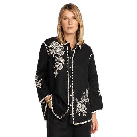 Johnny Was Addison Kimono Shirt Linen White Floral Embroidery Black Top Large NW