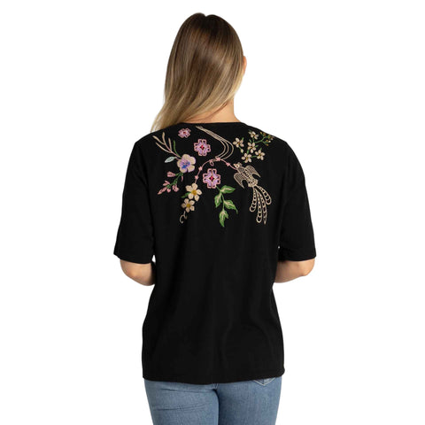 Johnny Was Maureen Trapunto 3/4 Tee Cotton Shirt Floral Embroidery Top Black NEW