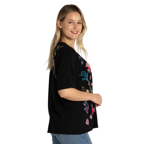 Johnny Was Maureen Trapunto 3/4 Tee Cotton Shirt Floral Embroidery Top Black NEW
