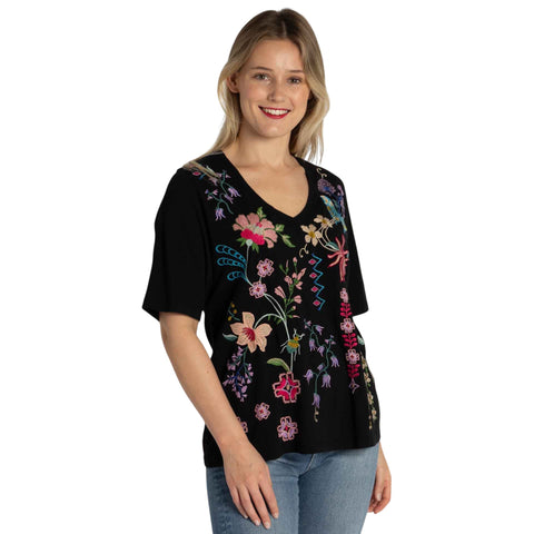 Johnny Was Maureen Trapunto 3/4 Tee Cotton Shirt Floral Embroidery Top Black NEW