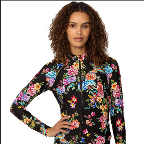 Johnny Was Sognatore Nero Swim Wear Surf Shirt Rash Guard Black Floral Top NEW