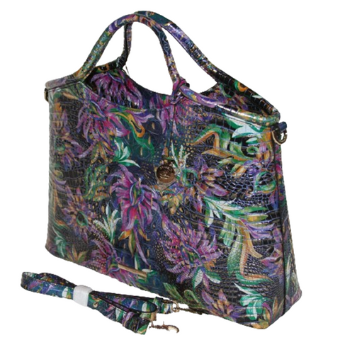 Brahmin Elaine Visionary Melbourne Satchel Leather Purple Floral Handbag Bag New