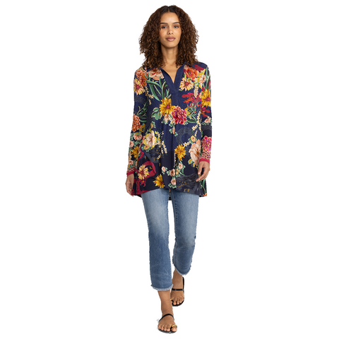 Johnny Was Janie Dragona Polo Swing Tunic Navy Blue Floral Top Shirt Medium NEW