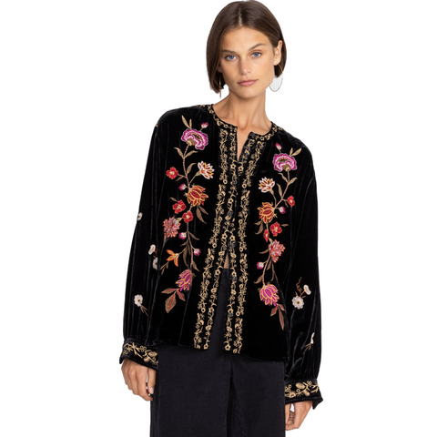 Johnny Was Quinn Velvet Mandarin Shirt Long Sleeves Embroidered Top Black NEW