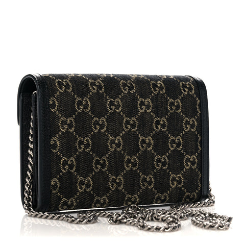 Gucci Dionysus GG Mini Chain Wallet Black Denim Handbag Silver Italy Bag NEW