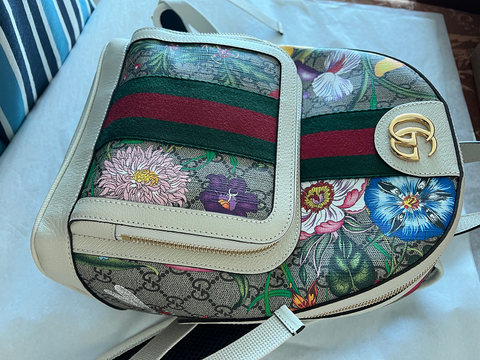 Gucci Ophidia Flora Beige White Leather Canvas Backpack Handbag Bag Italy NEW