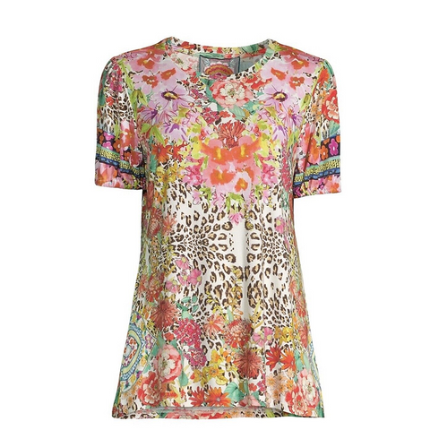 Johnny Was Wild Garden Puff Sleeve Floral Knit Flower Tee Shirt Top Red Pink Medium NEW