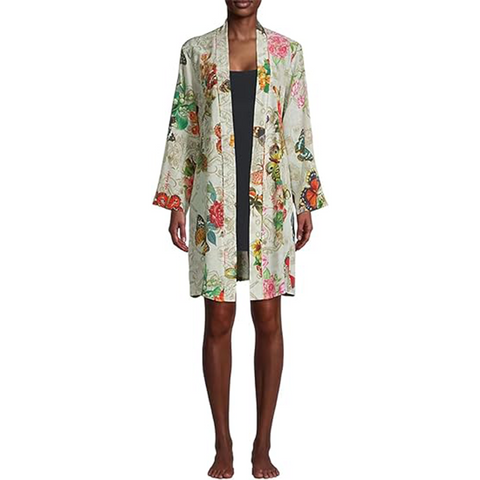 Johnny Was Evelyn Sleepwear Silk Robe Home Lounge Cream Butterfly Floral NEW
