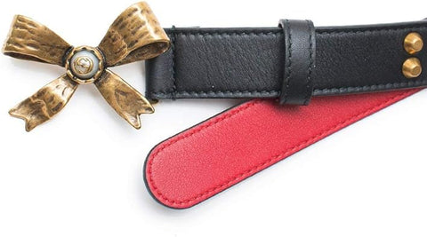 Gucci Studded Leather Belt Metal Bow Hibiscus Red Black Belt Moon Pearl Italy NEW