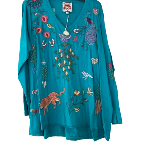 Johnny Was Adela Slit Aqua Sleeve Tee Shirt Butterfly Embroidery V Neck Blue Top New