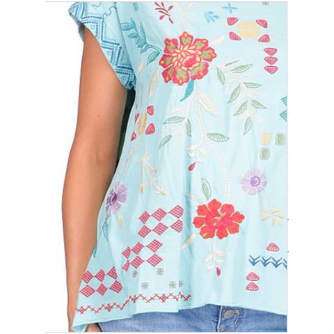 Johnny Was Katie Relaxed Drape Tee Shirt Marine Blue Top Floral Embroidered XL NEW