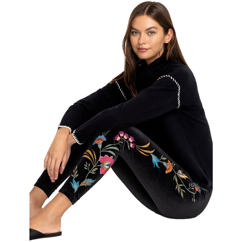Johnny Was Sidonia Velvet Stretch Leggings Pant Floral Embroidery Black New