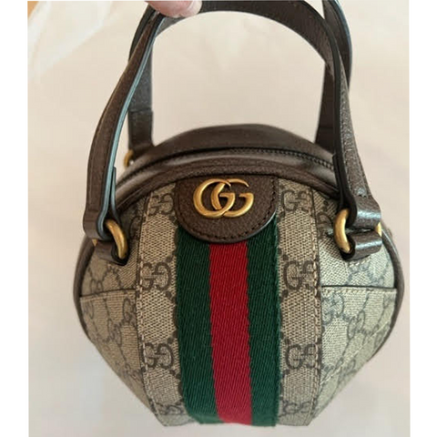 Gucci Small Basketball Red Brown Stripe Round Canvas Leather Handbag Bag NEW