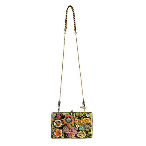 Mary Frances Blossoms Black Purple Handbag Flower Bead Chain Strap Gold Bag New