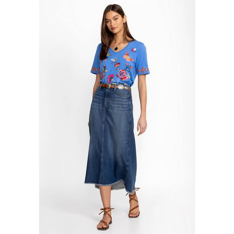Johnny Was Gracey Trapunto Tee Ultramarine Blue Shirt Floral Embroidery Top NEW