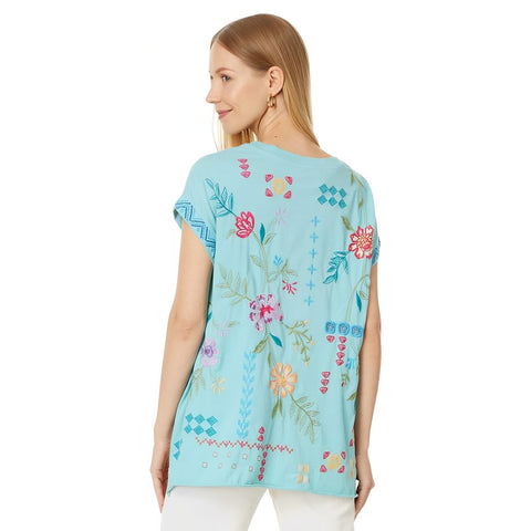 Johnny Was Katie Relaxed Drape Tee Shirt Marine Blue Top Floral Embroidered XL NEW