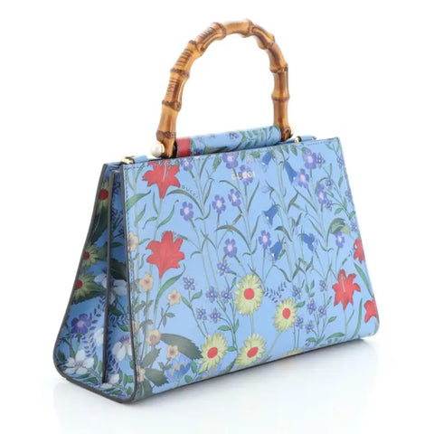 Gucci Nymphae Azure Shanghai Leather Handbag Snap Floral Blue Gold Bag Purse NEW