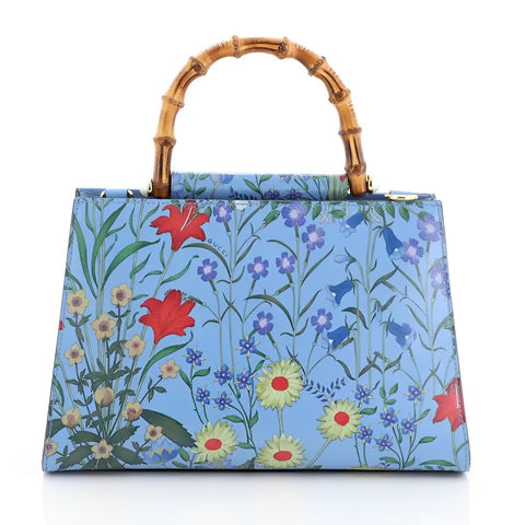 Gucci Nymphae Azure Shanghai Leather Handbag Snap Floral Blue Gold Bag Purse NEW